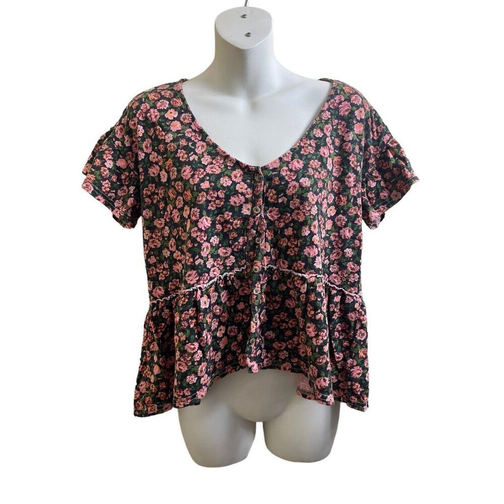 Lucky Brand Top Women's Size Small Multicolor Cotton Short Sleeve Button Hi-Low